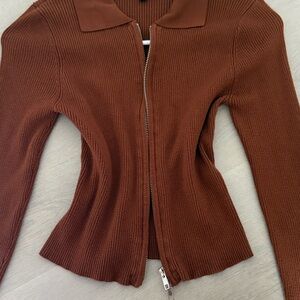 Brown Ribbed Zip-Up Sweater